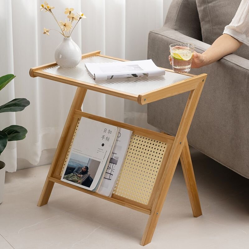 Bambusa galds ar ratan plauktu - gaiši brūns, 45 cm цена и информация | Virtuves galdi, ēdamgaldi | 220.lv