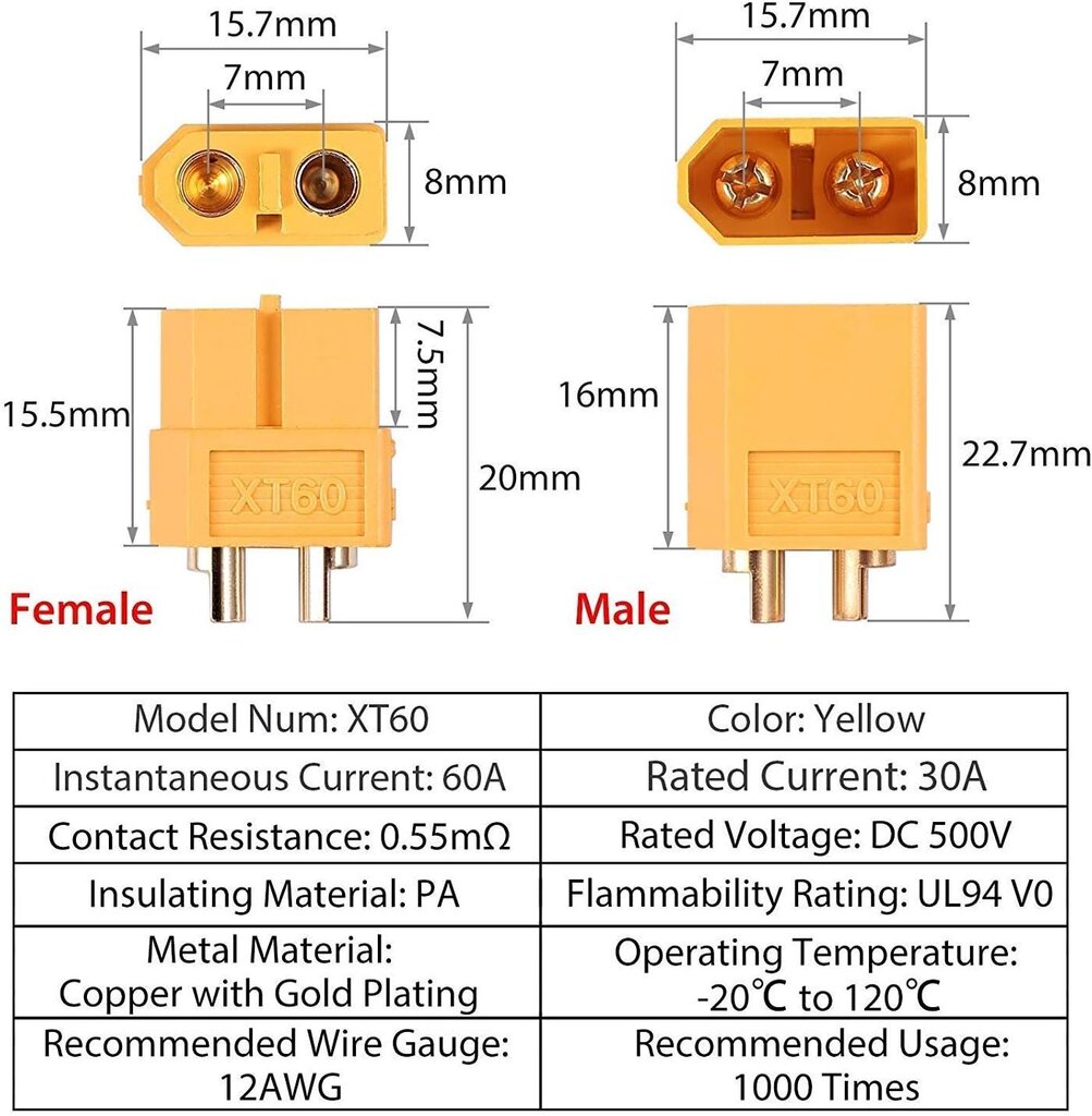 XT60 savienotāji ar 100 mm 12AWG silikona kabeli, 2 pāri cena un informācija | Droni | 220.lv