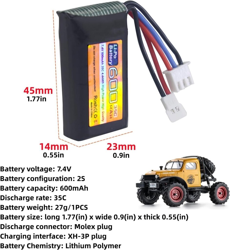 7.4V 600mAh 35C 2S LiPo akumulators ar Molex kontaktdakšu cena un informācija | Droni | 220.lv