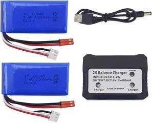 Комплект из 2 литиевых аккумуляторов 7.4V 1100mAh с зарядным устройством - совместим с WLtoys A949, A959, A969, A979, K929, V912, V913, L959, T23, T55, F45 - автомобильные запчасти цена и информация | Батарейки | 220.lv