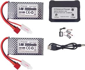 2 LiPo аккумулятора 7.4V 2000mAh с T-образным штекером и зарядным устройством 2 в 1 - совместимы с RC моделями 9200, 9200E, 200E, 9202E, HM101, 9125, S920, S921, HB101 и WLtoys цена и информация | Батарейки | 220.lv