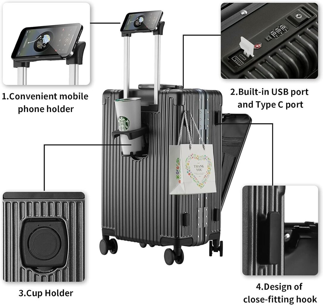 Daudzfunkcionāls koferis ar uzlādes pieslēgvietām, melns cena un informācija | Koferi, ceļojumu somas | 220.lv