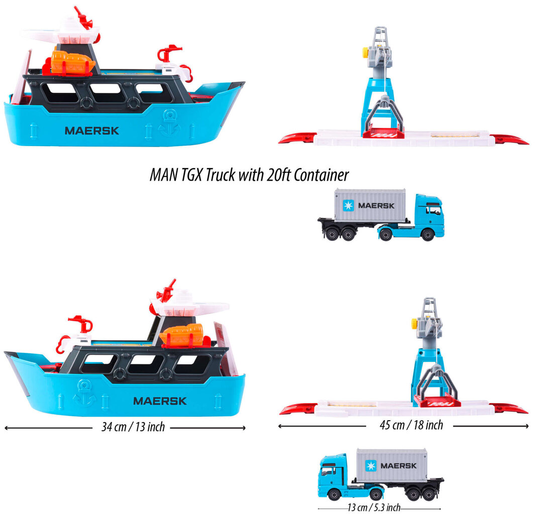 Loģistikas ostas komplekts ar kravas kuģi Maersk Konteineru transportlīdzeklis cena un informācija | Rotaļlietas zēniem | 220.lv