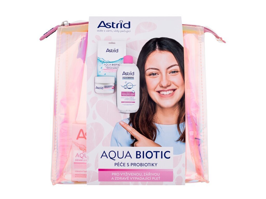 Sejas kopšanas komplekts Astrid Aqua Biotic sievietēm: sejas krēms Aqua Biotic 50 ml + micelārais ūdens Aqua Biotic 3in1 400 ml + sejas maska Aqua Biotic Anti-Fatigue and Quenching Tissue Mask + kosmētikas soma cena un informācija | Sejas krēmi | 220.lv