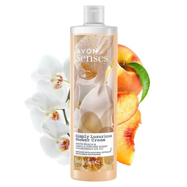 Dušas želeja ar persiku un vaniļas aromātu un makadamijas eļļu Avon Simply Luxurious, 500 ml cena un informācija | Dušas želejas, eļļas | 220.lv