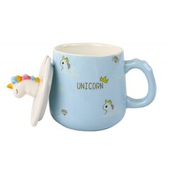 Lean Toys keramikas krūze ar karoti un vāku Unicorn/Unicorn, 350ml, zila cena un informācija | Glāzes, krūzes, karafes | 220.lv