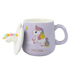 Lean Toys keramikas krūzīte ar karoti un vāku Unicorn/Unicorn, 350ml, violeta цена и информация | Стаканы, фужеры, кувшины | 220.lv