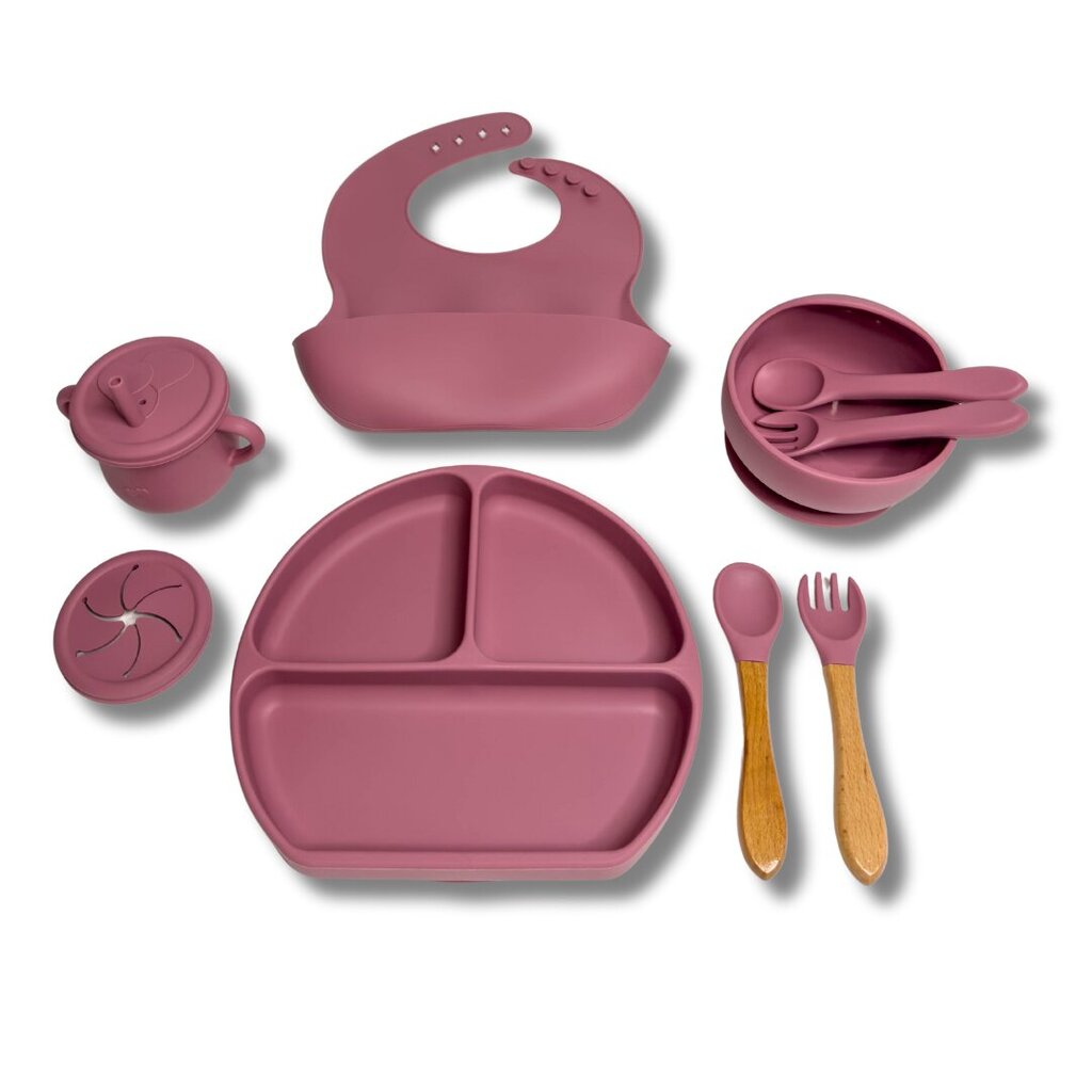 Bērnu silikona trauku komplekts, rozā, 5 daļas cena un informācija | Bērnu trauki, piena uzglabāšanas trauciņi un piederumi | 220.lv