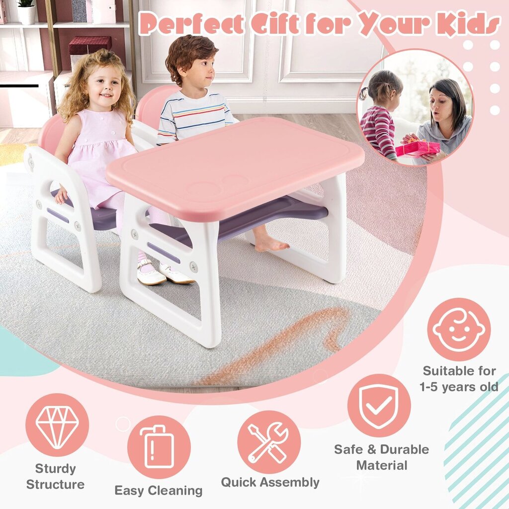 Bērnu galds un 2 krēslu komplekts Costway, rozā цена и информация | Bērnu krēsliņi un bērnu galdiņi | 220.lv