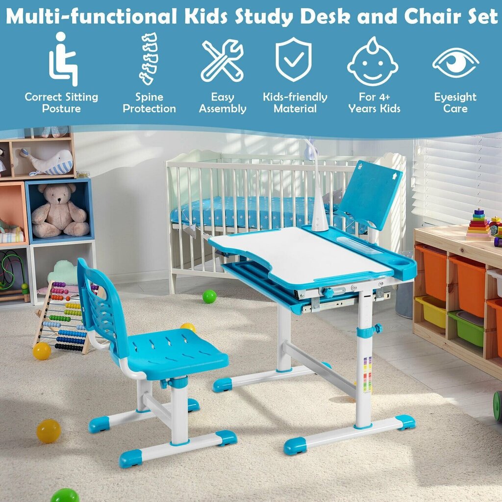 Bērnu galds ar regulējamu augstumu un lampu Costway, zils cena un informācija | Bērnu krēsliņi un bērnu galdiņi | 220.lv
