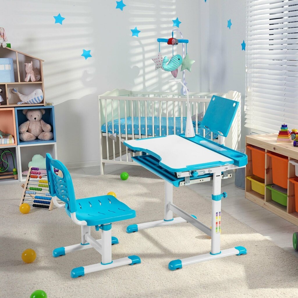 Bērnu galds ar regulējamu augstumu un lampu Costway, zils cena un informācija | Bērnu krēsliņi un bērnu galdiņi | 220.lv