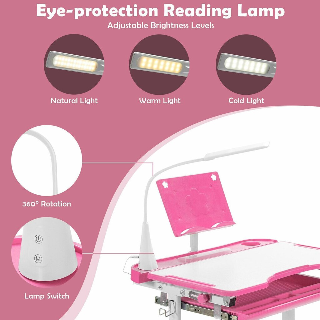 Bērnu galds ar regulējamu augstumu un lampu Costway, rozā цена и информация | Bērnu krēsliņi un bērnu galdiņi | 220.lv