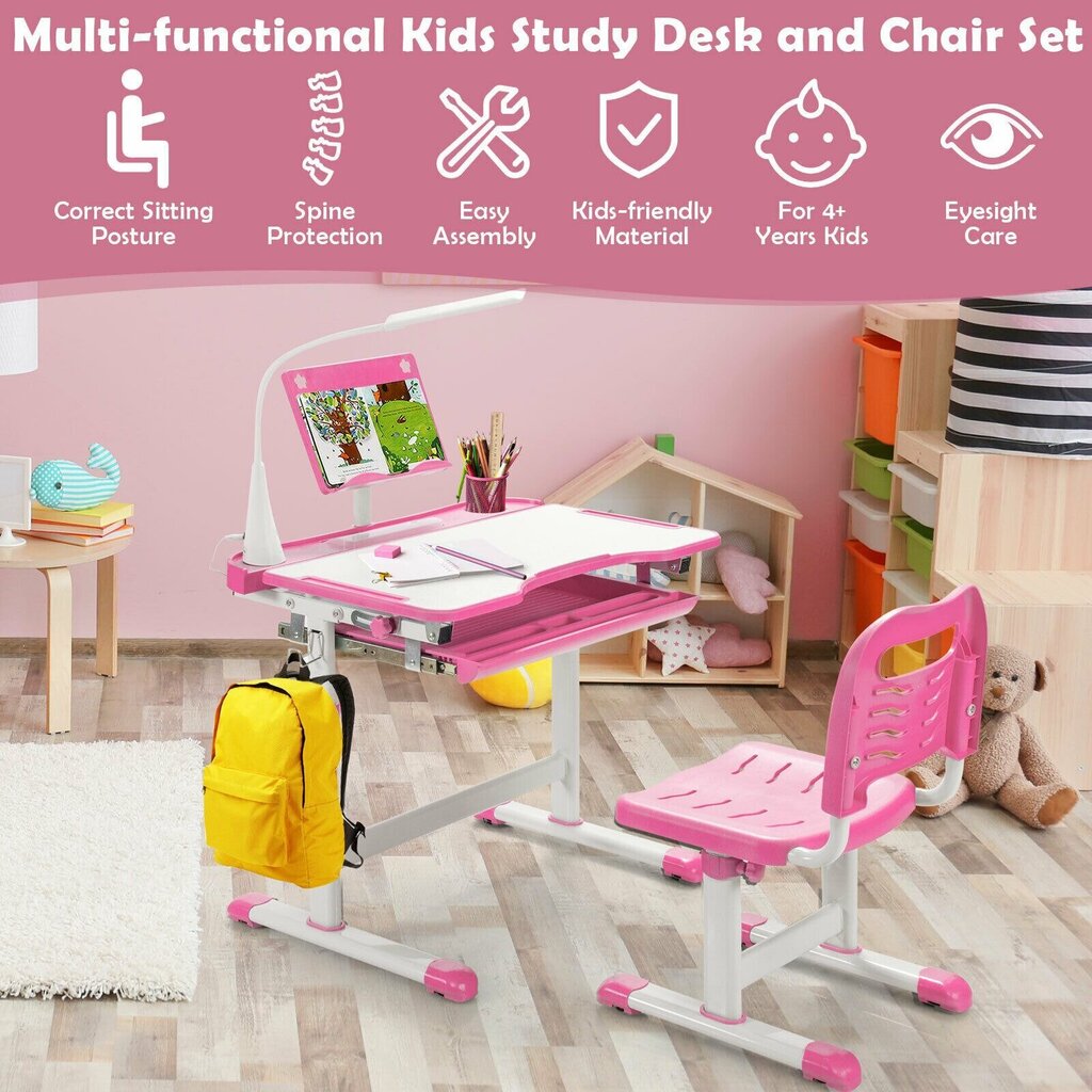 Bērnu galds ar regulējamu augstumu un lampu Costway, rozā cena un informācija | Bērnu krēsliņi un bērnu galdiņi | 220.lv