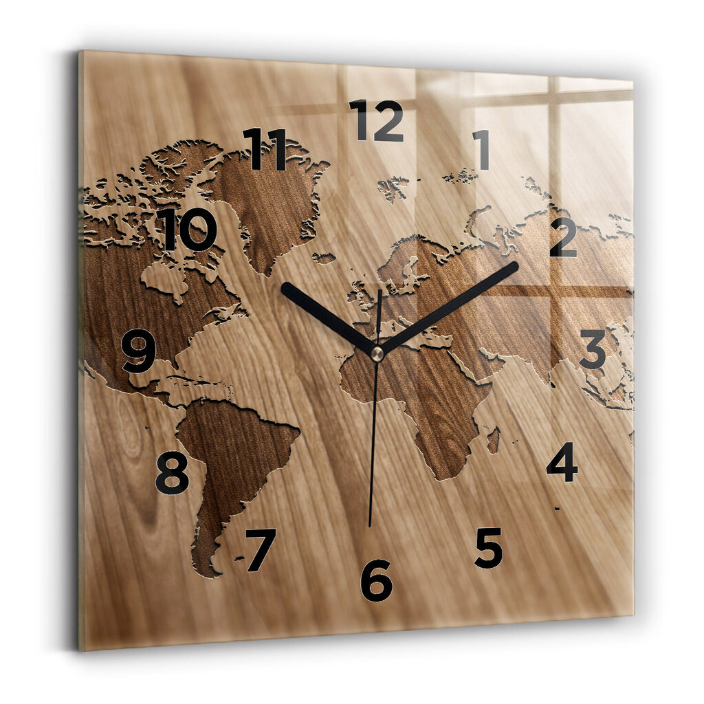 Sienas pulkstenis Pasaules Karte Uz Koka, 30x30 cm cena un informācija | Pulksteņi | 220.lv