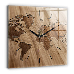 Sienas pulkstenis Pasaules Karte Uz Koka, 30x30 cm cena un informācija | Pulksteņi | 220.lv