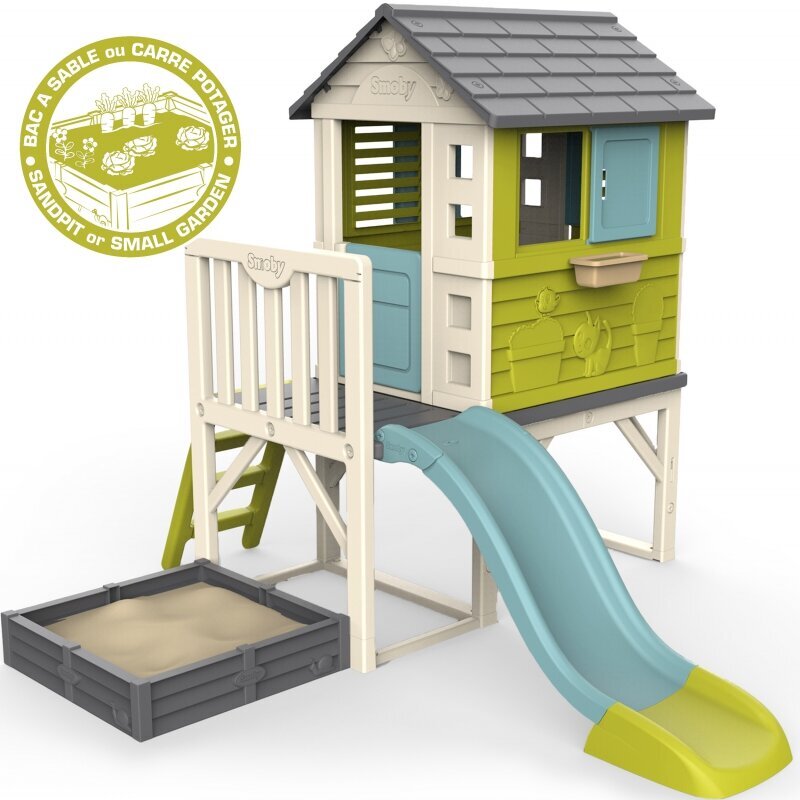 Bērnu dārza māja ar slidkalniņu un smilšu kasti Smoby, Stilt House, 76 cm x 76 cm x 171 cm  cena un informācija | Bērnu rotaļu laukumi, mājiņas | 220.lv