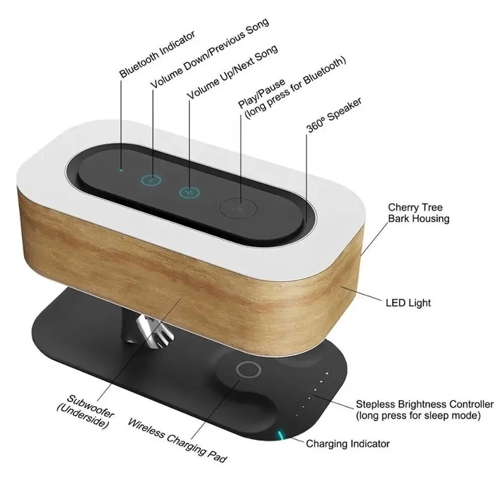 LED galda lampa ar skaļruni un bezvadu uzlādes funkciju cena un informācija | Galda lampas | 220.lv