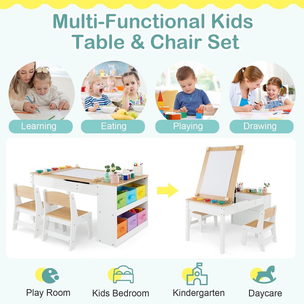 Aktivitāšu galds Costway, 109x55x60 cm, balts/brūns cena un informācija | Bērnu krēsliņi un bērnu galdiņi | 220.lv