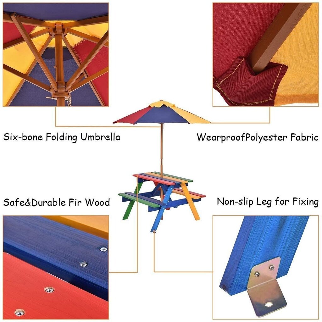 Bērnu sols ar saulessargu Costway, 79x71x52,5 cm, dažādas krāsas cena un informācija | Dārza mēbeles bērniem | 220.lv