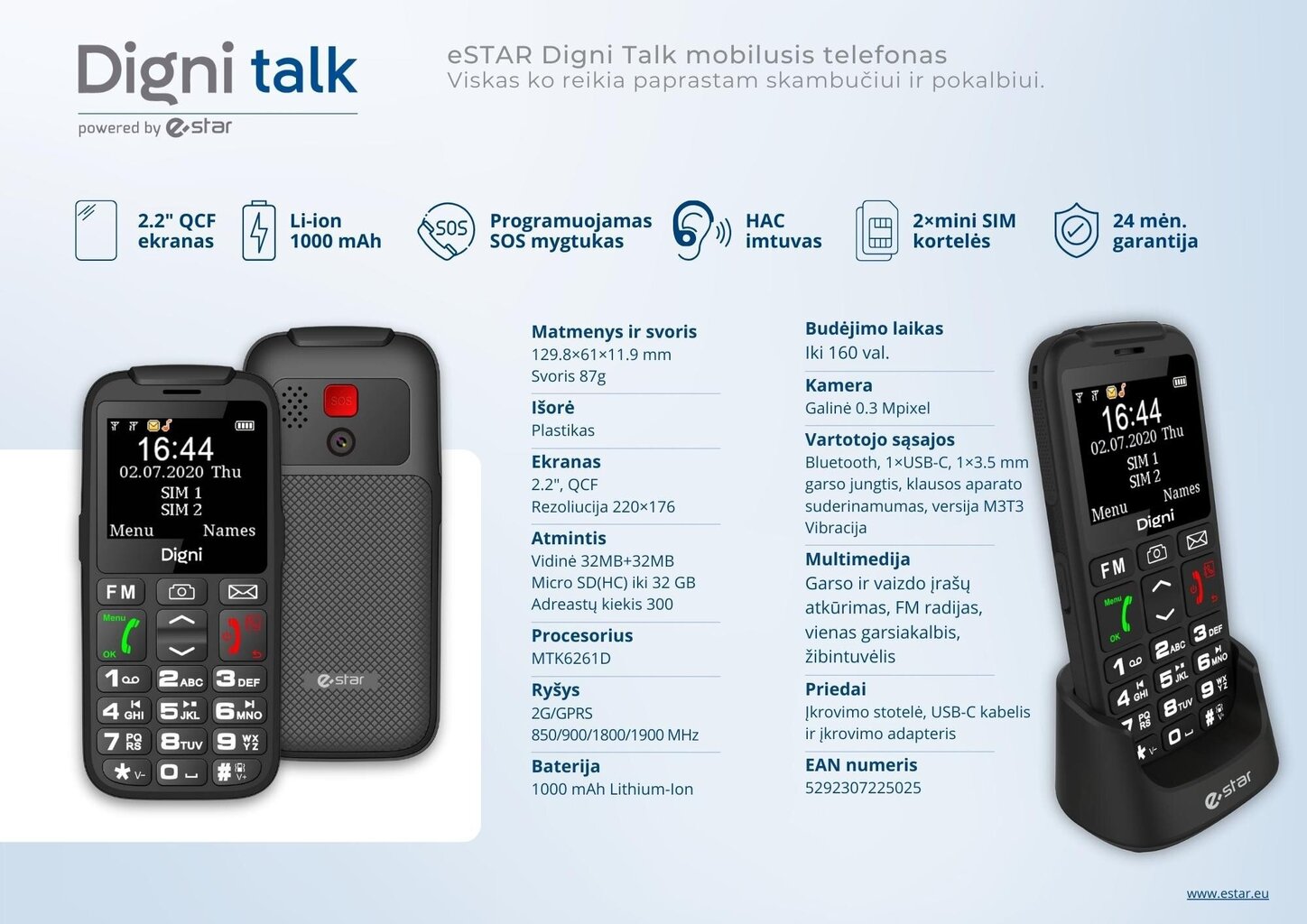 eSTAR Digni Talk Senior Phone Dual SIM Black cena un informācija | Mobilie telefoni | 220.lv