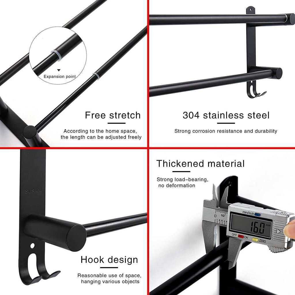 Pie sienas stiprināms dvieļu pakaramais, 43-78 cm, melns cena un informācija | Vannas istabas aksesuāri | 220.lv