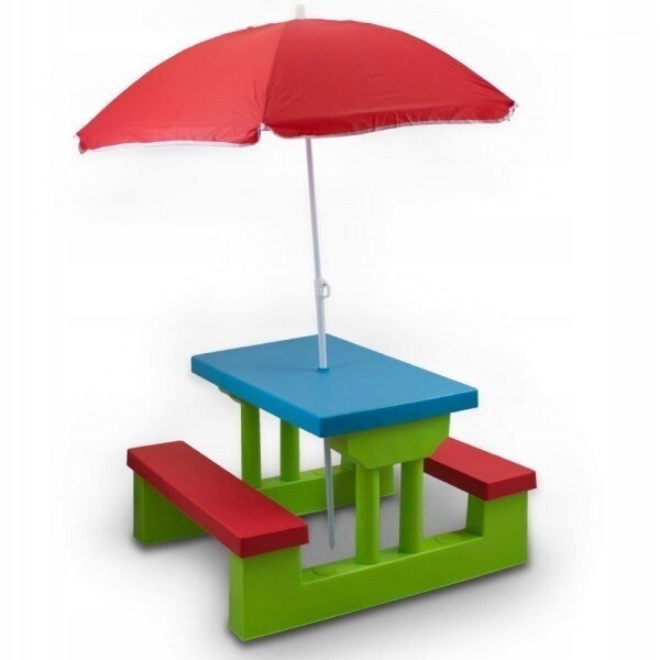 Bērnu galds ar soliem un saulessargu, zaļš цена и информация | Dārza mēbeles bērniem | 220.lv