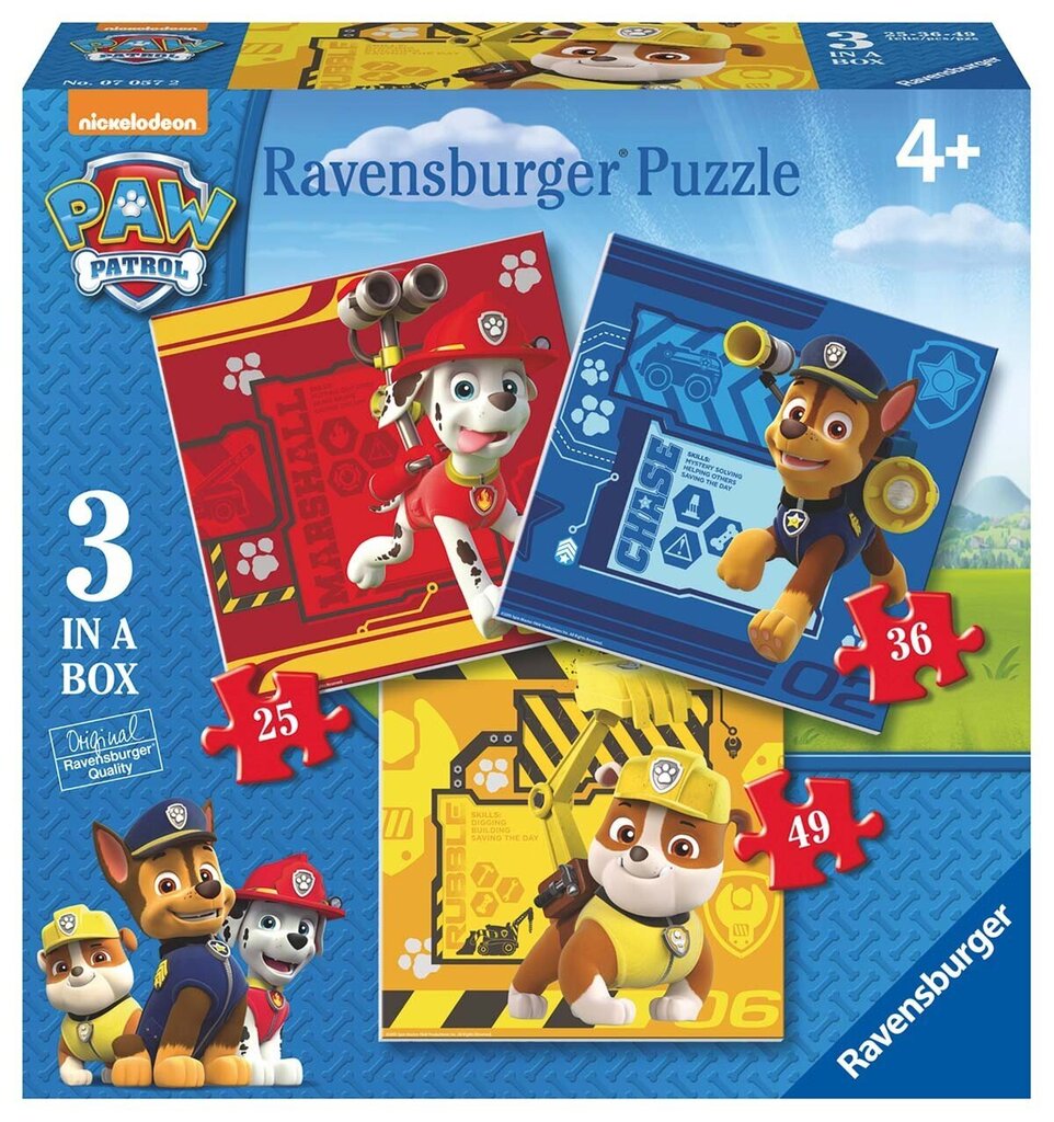 Ravensburger Paw Patrol komplekts 3w1 110 EL cena un informācija | Puzles, 3D puzles | 220.lv