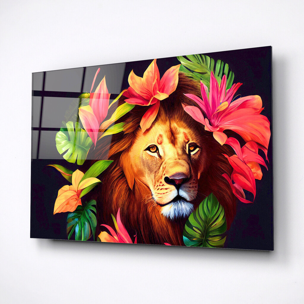 Rūdīta stikla glezna lauva un ziedi цена и информация | Gleznas | 220.lv