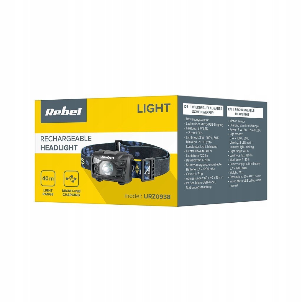 Rebel 3W LED uzlādējama galvas lukturītis URZ0938 cena un informācija | Lukturi | 220.lv
