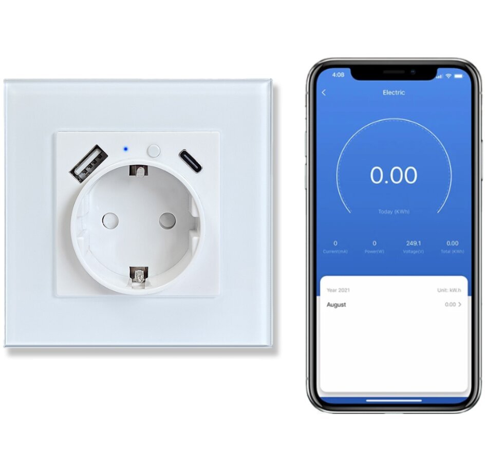 Viedā wifi iebūvēta sienas elektrības rozete ar tālvadības lietotni 16A 3500W TY-EU-86-UC-W цена и информация | Elektrības slēdži, rozetes | 220.lv