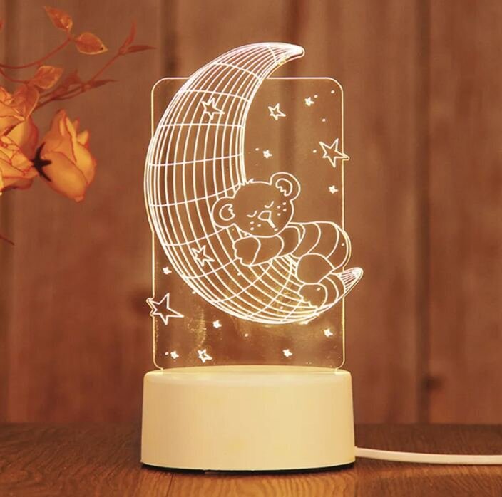 3D akrila galda lampa, Mēness ar lācīti, silti balts GEEKEO cena un informācija | Lampas bērnu istabai | 220.lv