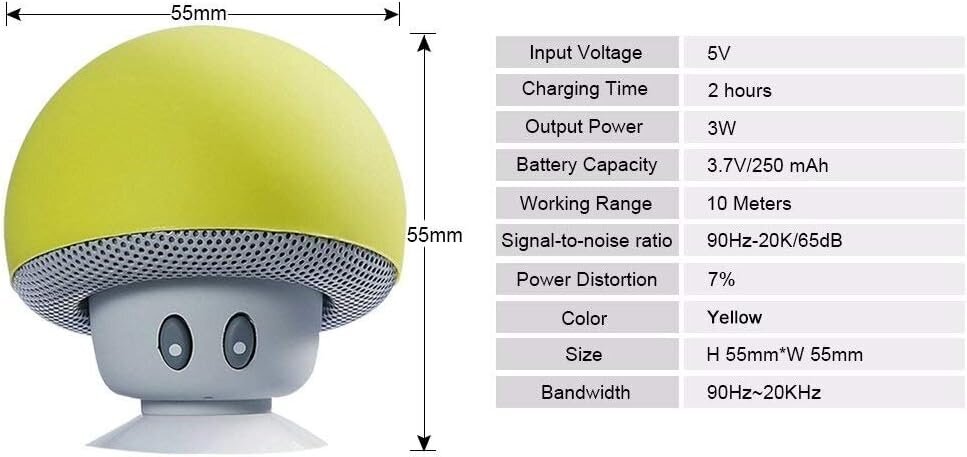 Mini Wireless Bluetooth skaļrunis ar mikrofonu, dzeltens Sudroid Mushroom cena un informācija | Skaļruņi | 220.lv