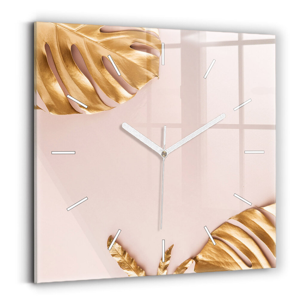 Sienas pulkstenis Zelta Tropiskās Lapas, 30x30 cm cena un informācija | Pulksteņi | 220.lv