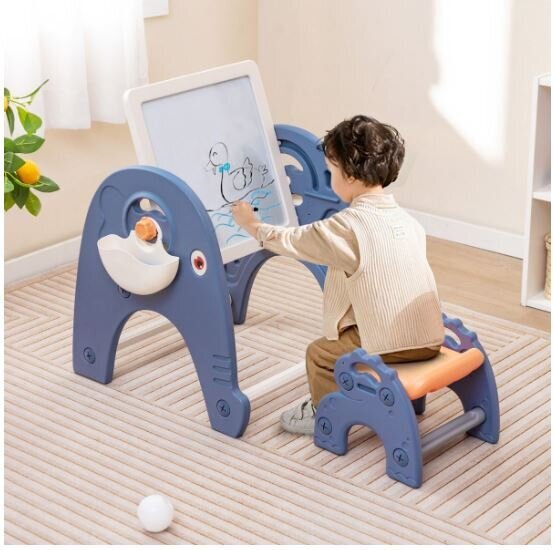 Bērnu zīmēšanas galds ar krēslu un molbertu Costway, zils cena un informācija | Bērnu krēsliņi un bērnu galdiņi | 220.lv