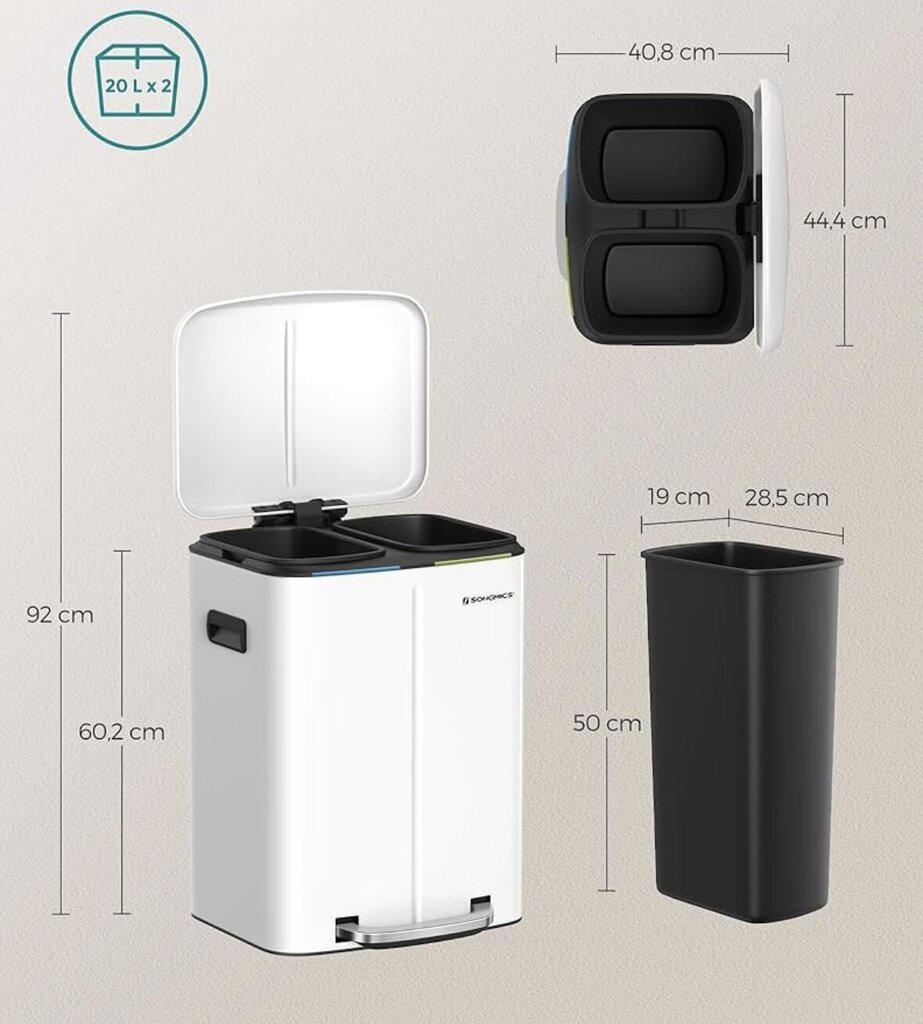 Songmics virtuves atkritumu tvertne, 2 x 20 l cena un informācija | Miskastes | 220.lv