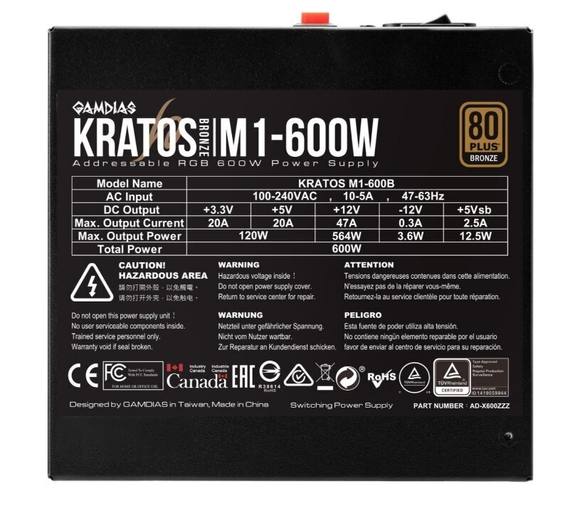 Gamdias Kratos M1-600B цена и информация | Barošanas bloki (PSU) | 220.lv