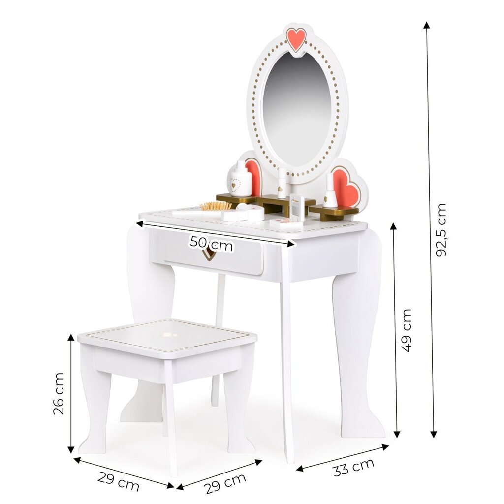 Koka kosmētikas galdiņš ar spoguli Ecotoys,balts, 50x33x92,5 cm cena un informācija | Rotaļlietas meitenēm | 220.lv