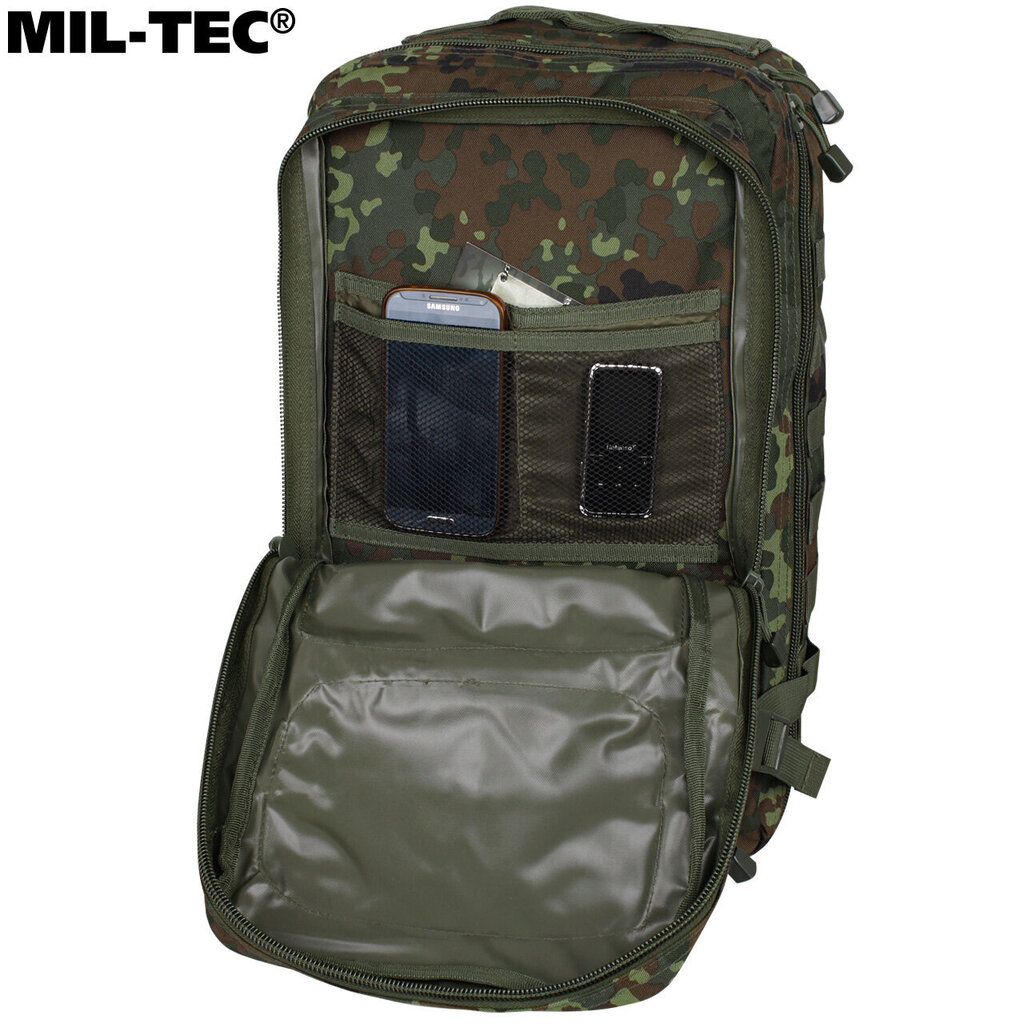 Militārā mugursoma Mil-Tec Assault Pack LG Bw-Tarn Flecktarn, 36 L, zaļa/brūna cena un informācija | Pārgājienu un ceļojumu mugursomas | 220.lv