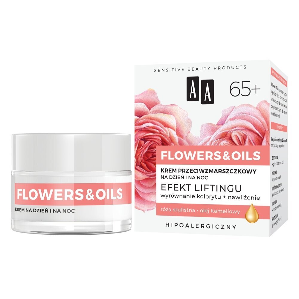 Sejas krēms AA Flowers and Oils 65+, 50 ml cena un informācija | Sejas krēmi | 220.lv