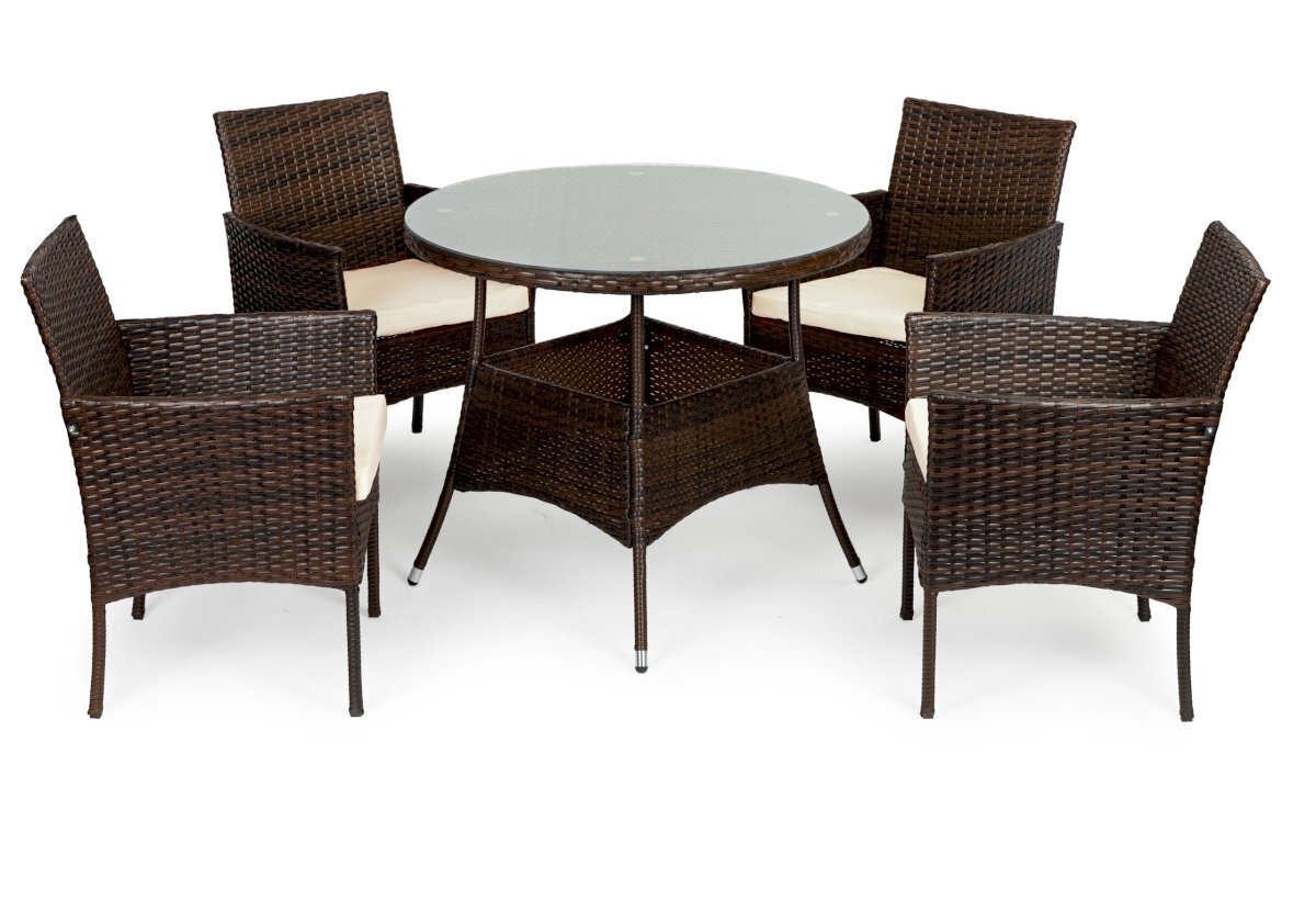 Dārza rotangpalmas mēbeļu komplekts ar 4 krēsliem un apaļu galdu ar stikla virsmu, brūns цена и информация | Dārza mēbeļu komplekti | 220.lv