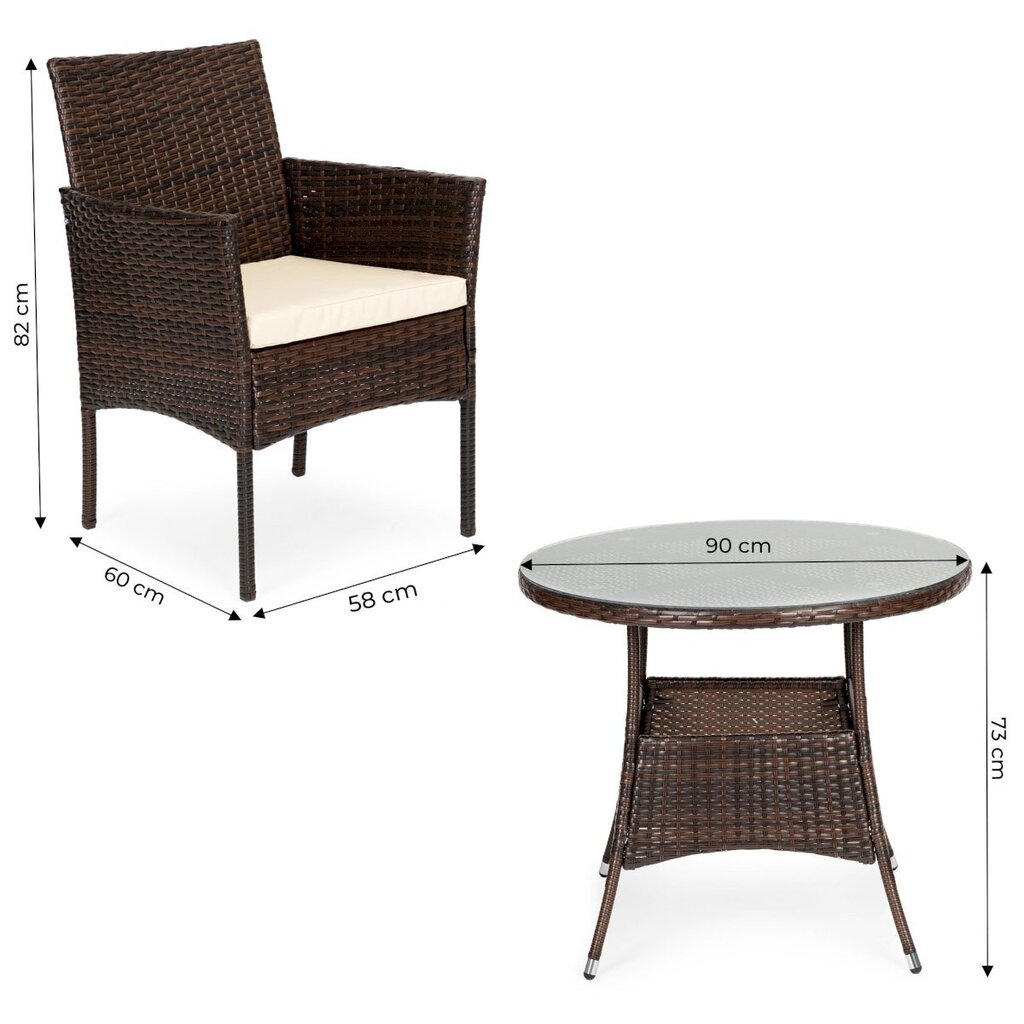 Dārza rotangpalmas mēbeļu komplekts ar 4 krēsliem un apaļu galdu ar stikla virsmu, brūns cena un informācija | Dārza mēbeļu komplekti | 220.lv