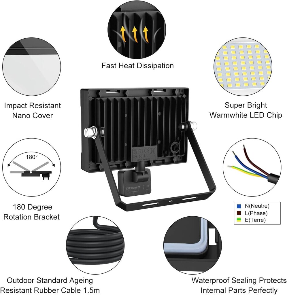 Meikee 50W LED prožektors ar kustības detektoru cena un informācija | Lukturi | 220.lv