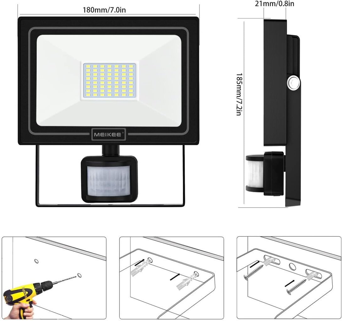 Meikee 50W LED prožektors ar kustības detektoru cena un informācija | Lukturi | 220.lv