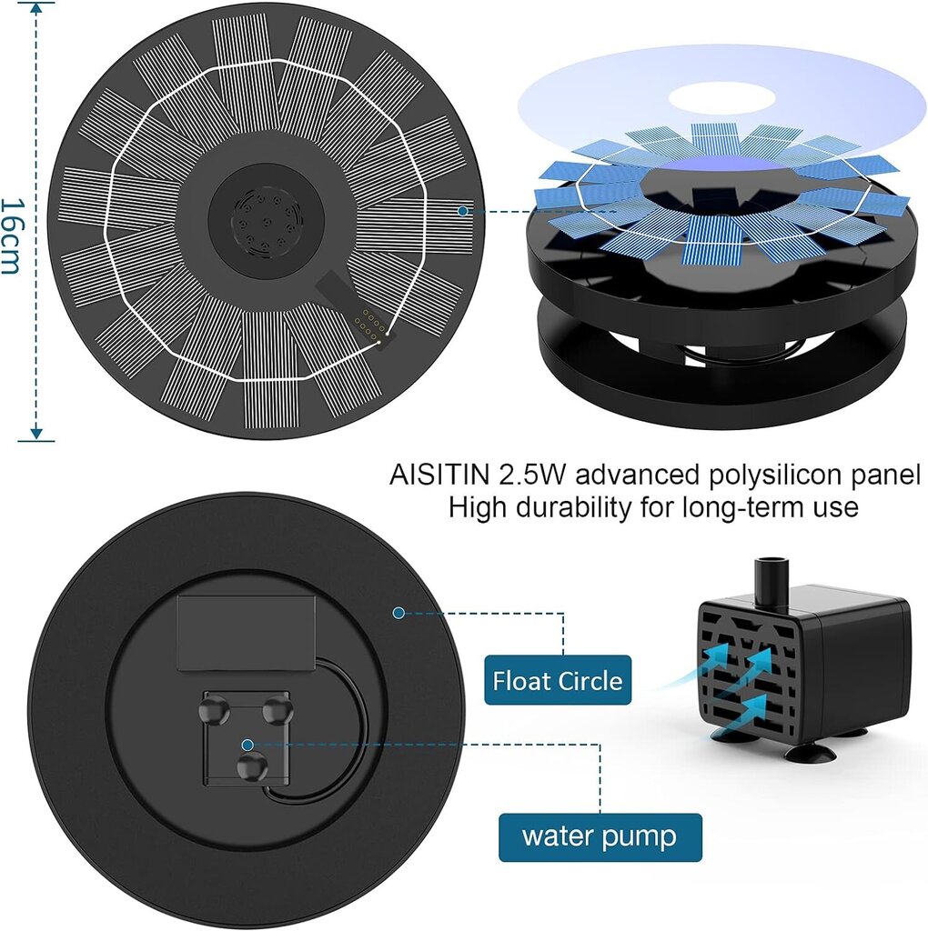 Peldošā āra saules strūklaka Aisitin 2,5W cena un informācija | Dārza dekori | 220.lv