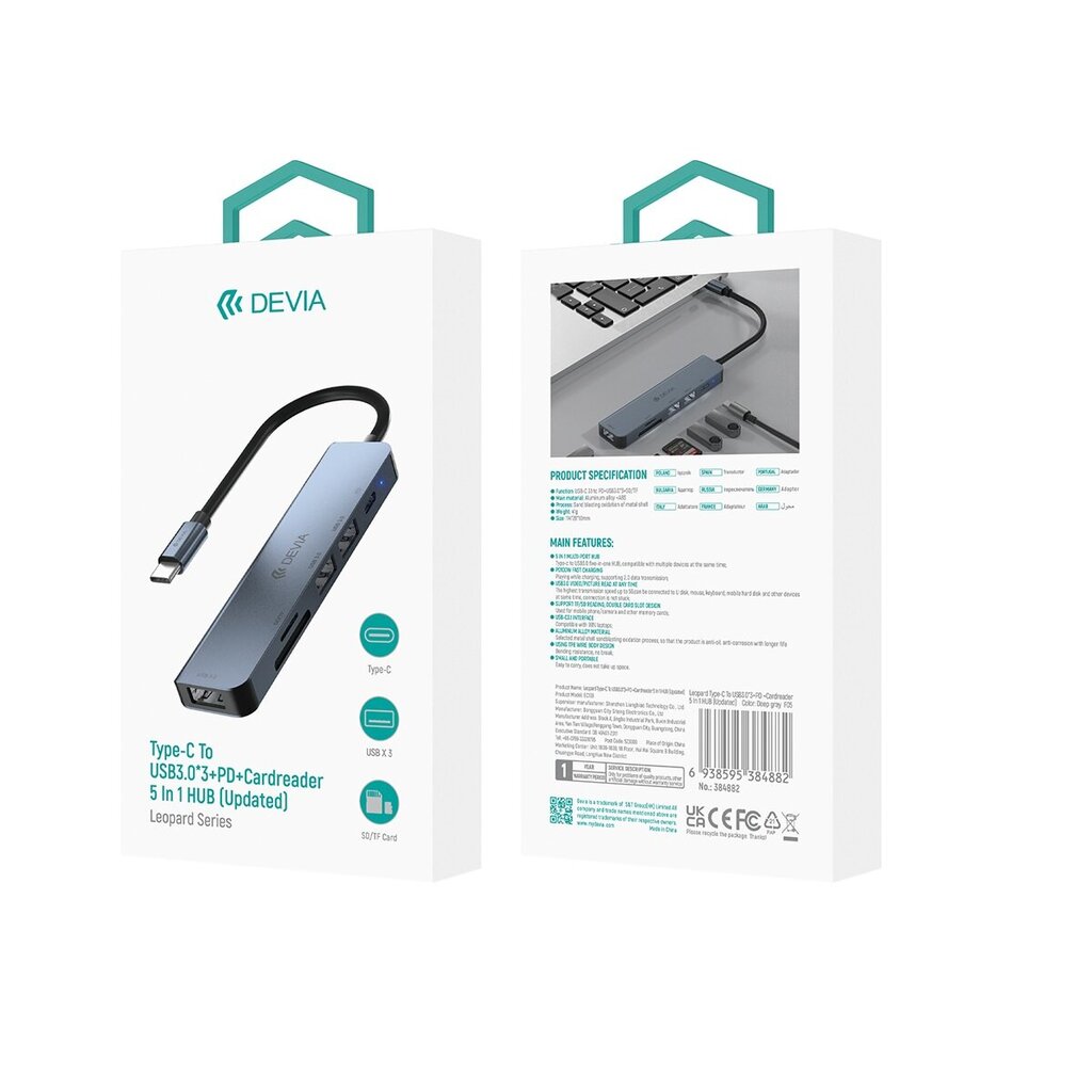 Devia adapteris HUB 5in1 USB-C 3.1 to 3x USB 3.0 + SD|TF + PD pelēks цена и информация | Adapteri un USB centrmezgli | 220.lv