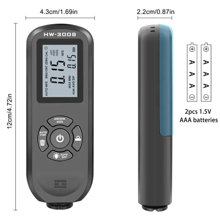 Digitālais krāsas pārklājuma biezuma mērītājs 0.01mm/1mil Livman HW300S cena un informācija | Rokas instrumenti | 220.lv