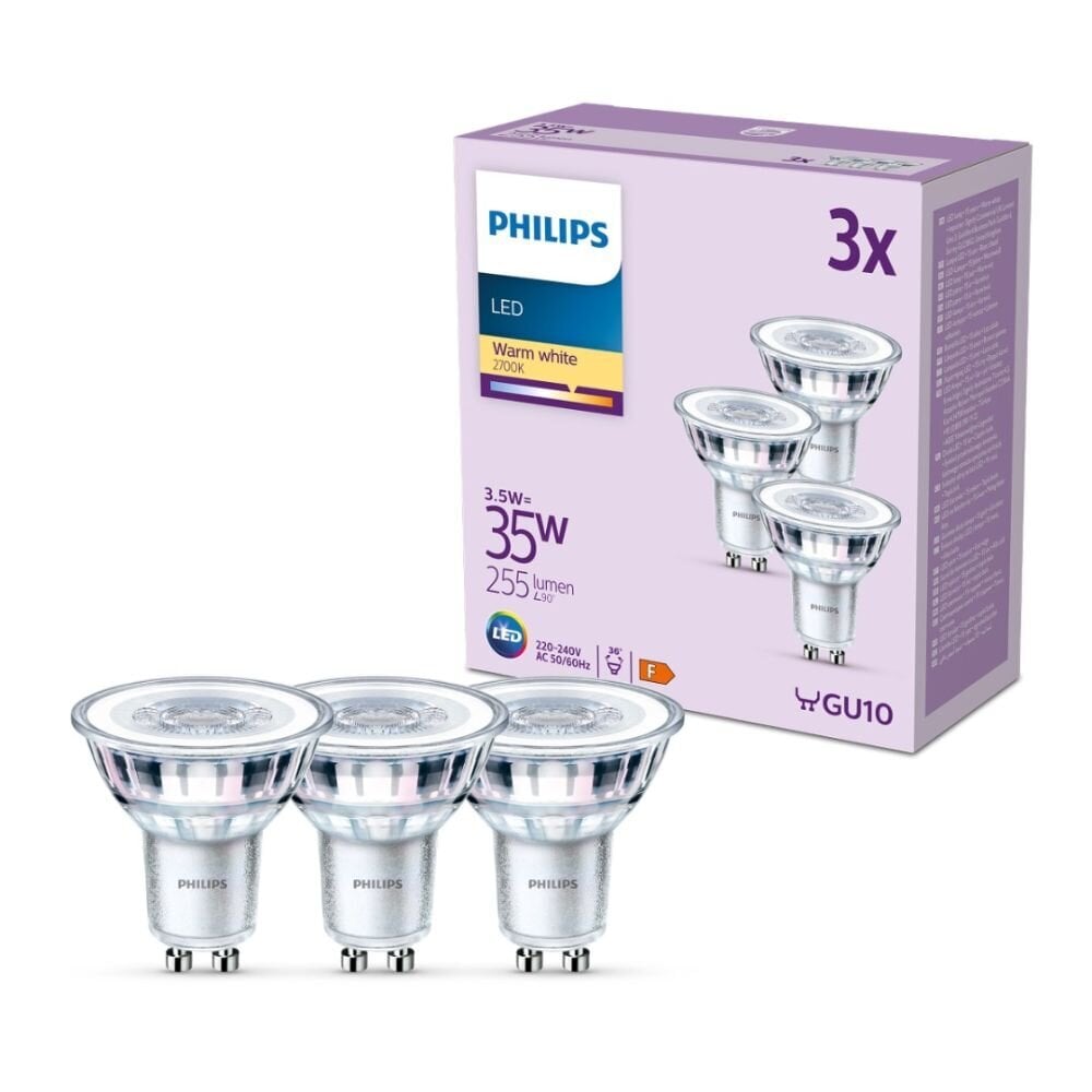 Philips LEDClassic 3.5W (ekv. 35W) 255lm GU10 2700K 36D spuldzes 3 gab. cena un informācija | Spuldzes | 220.lv