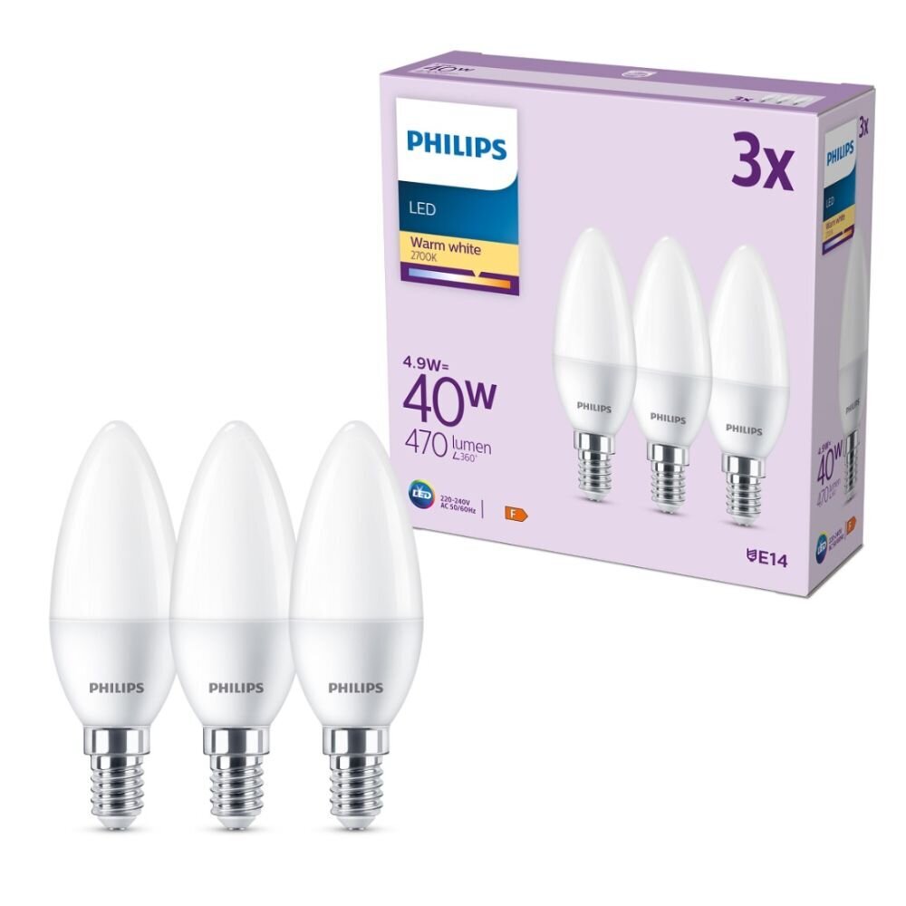 Philips LED 4.9W (ekv. 40W) 470lm B35 E14 2700K spuldzes 3 gab. cena un informācija | Spuldzes | 220.lv