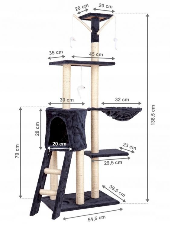 Kaķu skrāpis ar mājiņu un rotaļlietu, 138 cm., pelēks cena un informācija | Kaķu mājas, nagu asināmie | 220.lv