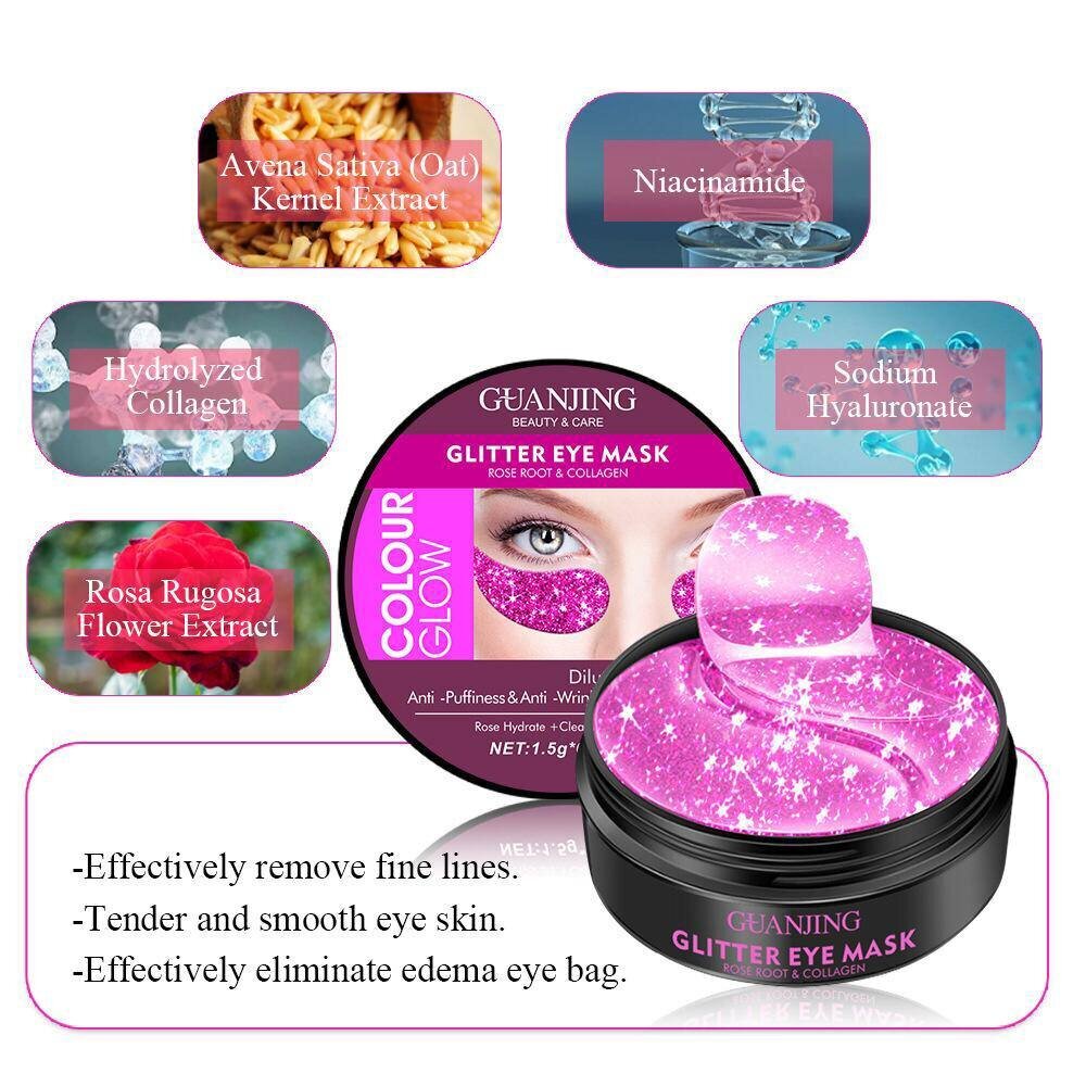 Acu patči Collagen & Rose Root Eye Pads Pink Glitter sievietēm un vīriešiem, 60 gab. цена и информация | Sejas maskas, acu maskas | 220.lv